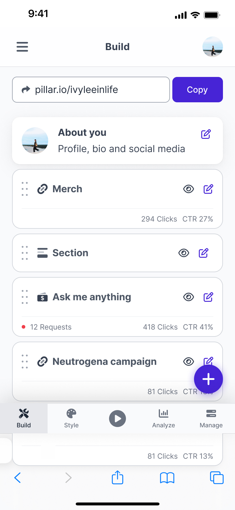 New monetized link-in-bio block types in the Pillar builder